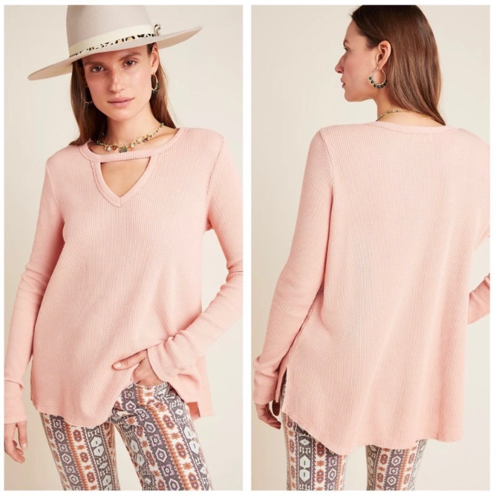 Anthropologie Nadia Cut-Out Waffle Knit Thermal Tunic Shirt Pink Small
